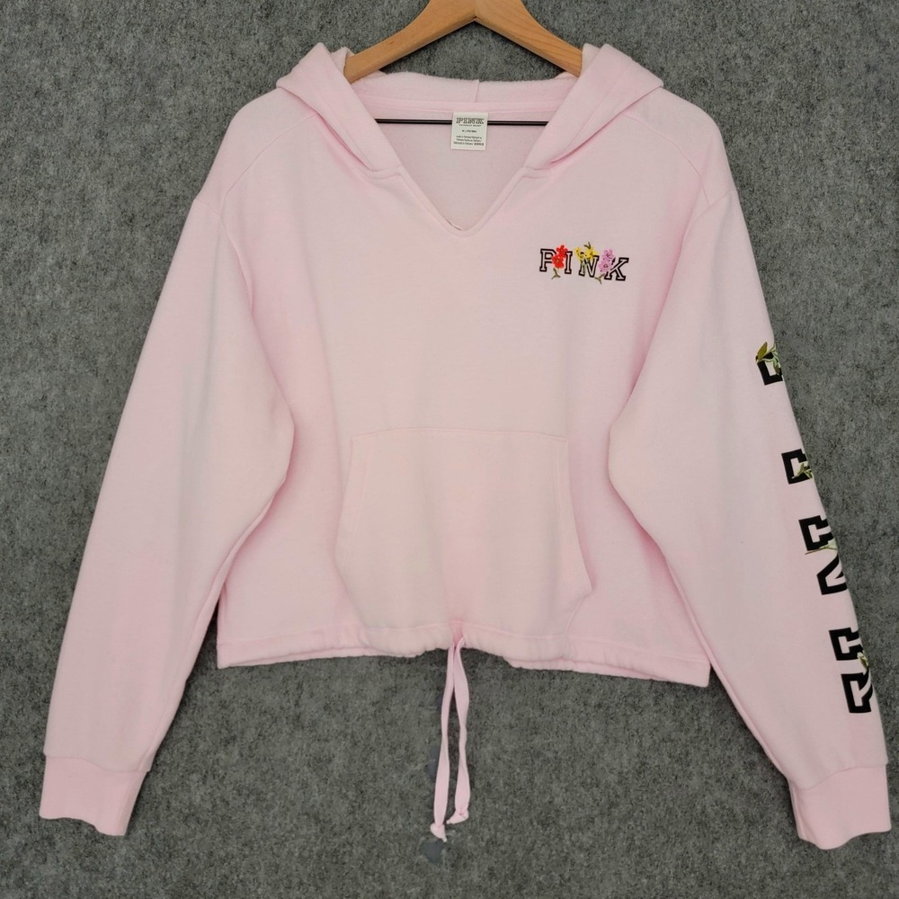 PINK Victorias Secret Hoodie Womens M Pink Floral Logo Embroidered Crop Pullover - Picture 2 of 14